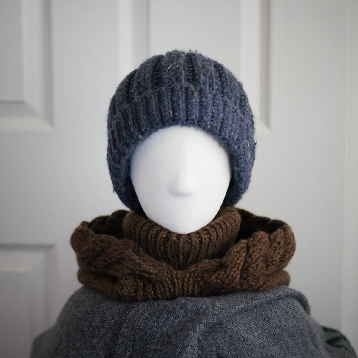 Close-up of soft brown merino balaclava knit fabric and stitch detail