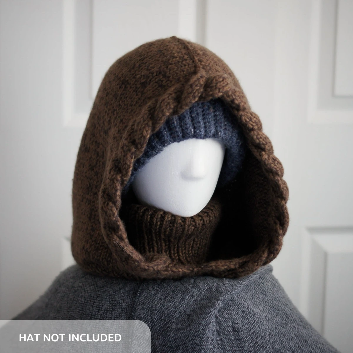 Side view of brown merino balaclava hood showing cozy fit