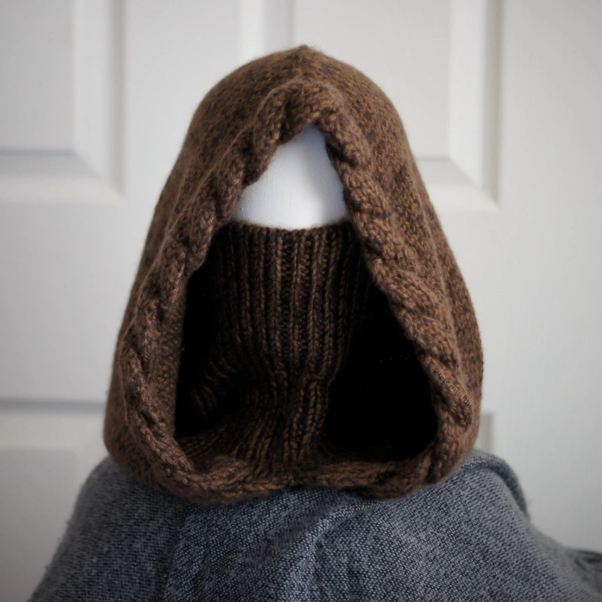 Brown merino balaclava styled for winter warmth, full hood and neck coverage