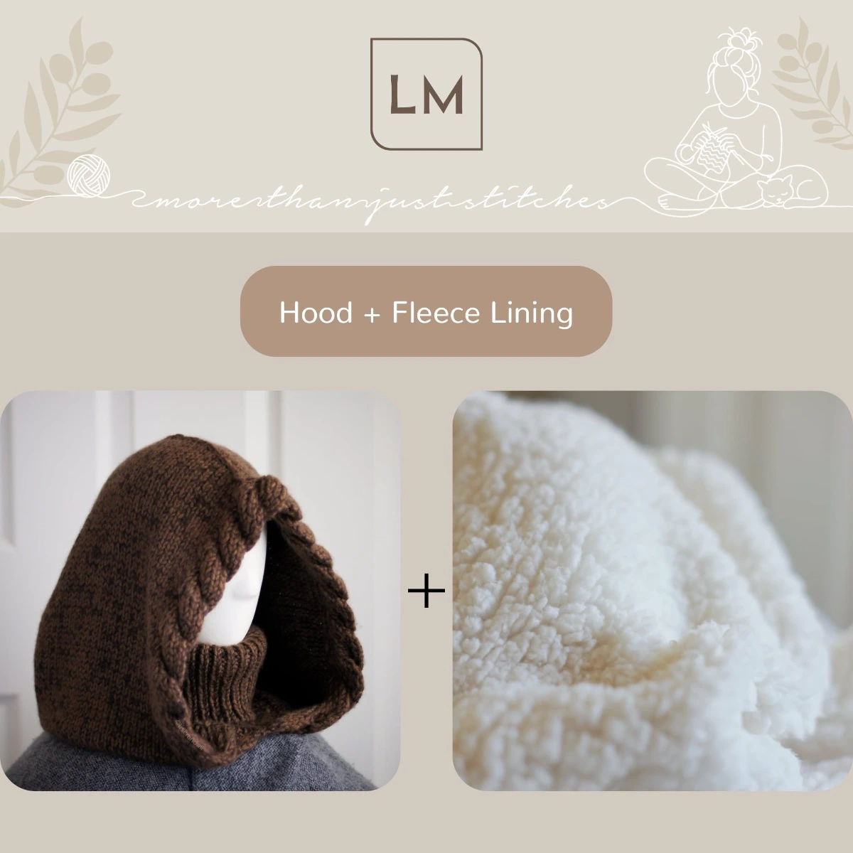 Brown merino balaclava with braided texture on mannequin with sherpa lining option