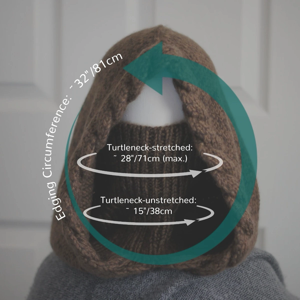 Brown merino balaclava with braided texture on mannequin with measurements