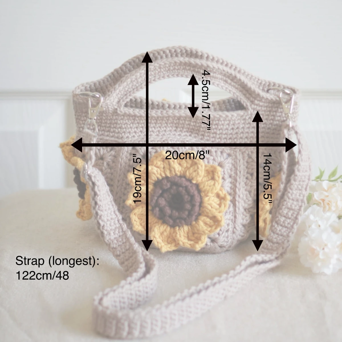 Measurement of crochet mini bag in khaki color formed with 3D sunflower granny squares. Comes with adjustable strap.