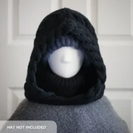 Black merino knit balaclava hood with twist edging and folded turtleneck worn by mannequin, style with a beanie under the hood