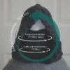 Black merino knit balaclava hood with twist edging and folded turtleneck worn by mannequin, showing measurement