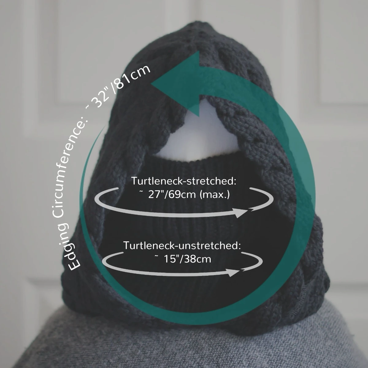 Black merino knit balaclava hood with twist edging and folded turtleneck worn by mannequin, showing measurement