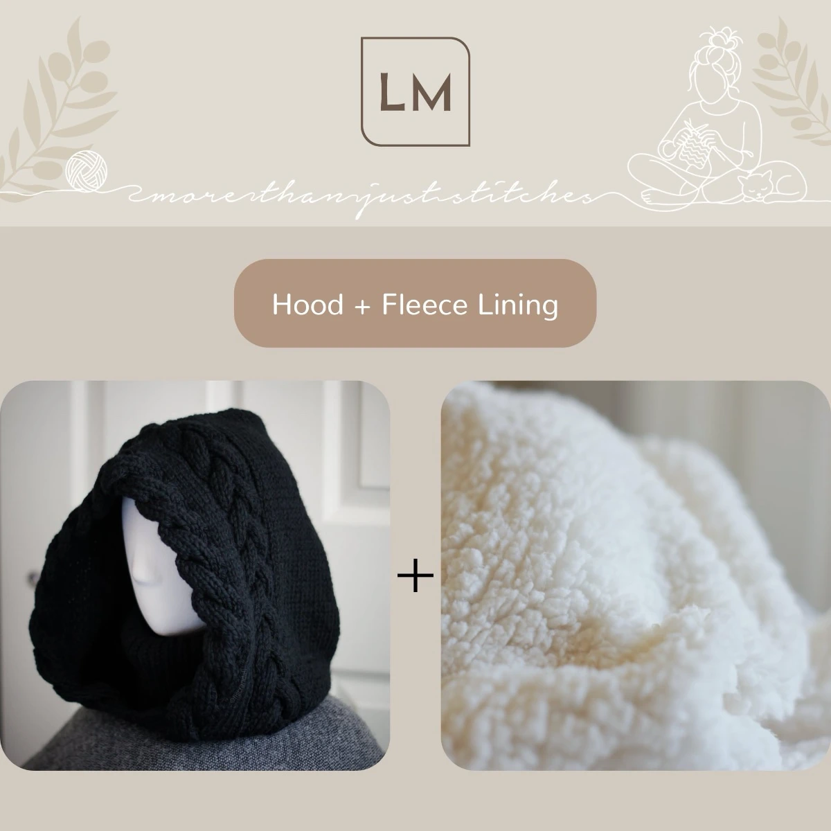 Black merino knit balaclava hood with twist edging and folded turtleneck worn by mannequin, with sherpa option