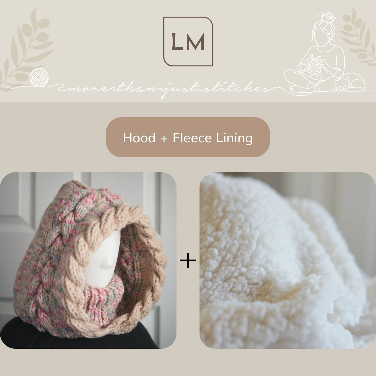 Oatmeal sprinkles knit balaclava hood with twist edging and folded turtleneck worn by mannequin with sherpa lining option
