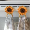 crochet sunflower kitchen towel holder with wood rings