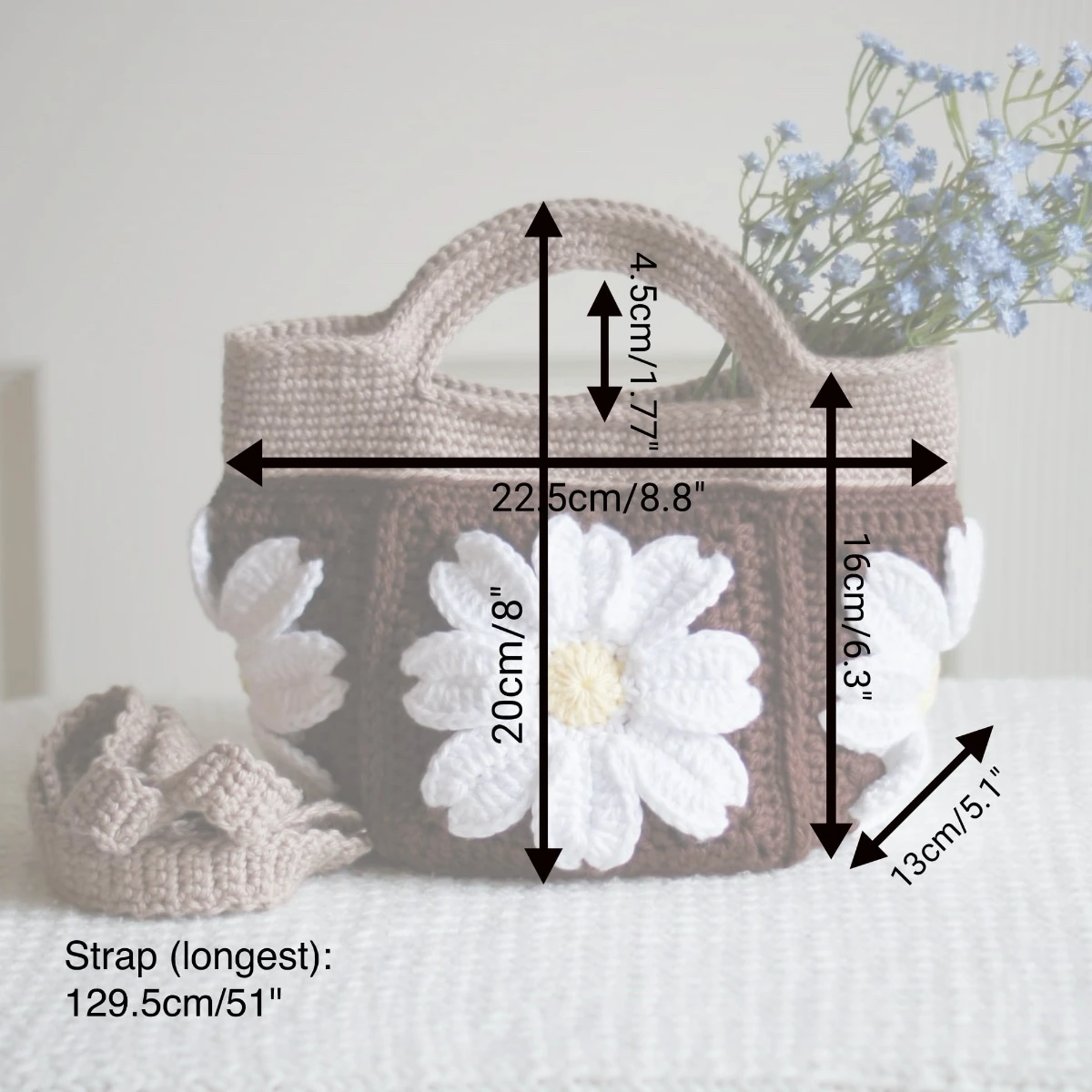 crochet daisy bag in chocolate and khaki color formed with 3D daisy granny squares. Comes with adjustable strap.